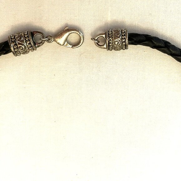 18" Choker Necklace Blue Marbled Stone Pendant Black Braided Vinyl Rope Handmade - Picture 2 of 6